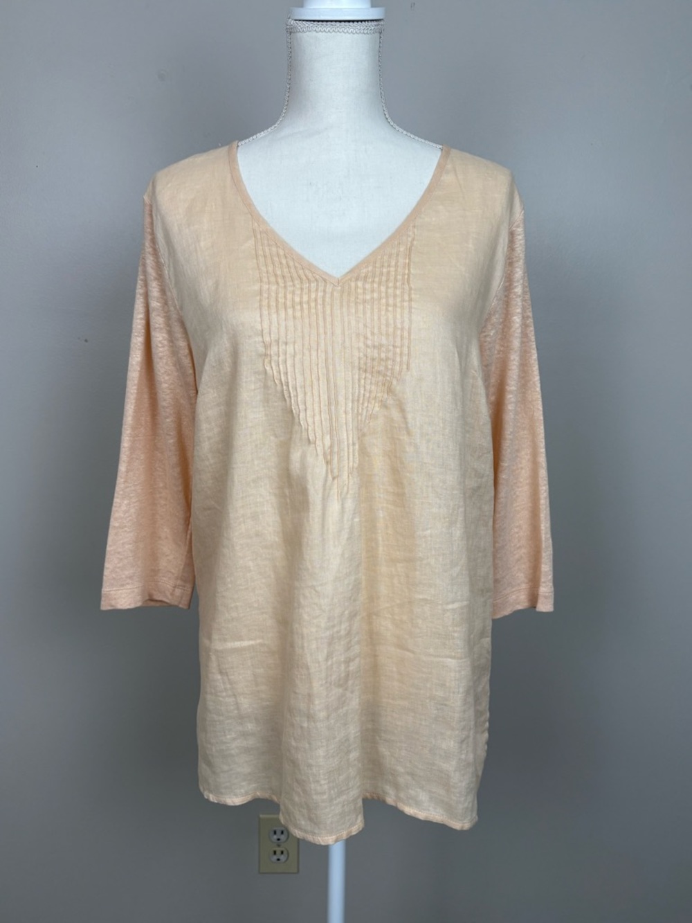 J Jill Top Women Lg Petite Love Linen Light Peach V-Neck 3/4 Sleeve Tunic Blouse